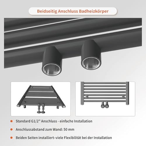 KESANITAR Badheizkörper Mittelanschluss 1200x600 mm, 600W Handtuchheizkörper & Handtuchtrockner, Einfach Installation Bad Heizkörper Handtuchwärmer, Ideal Badezimmer Handtuchhalter Heizung, Grau