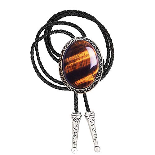 Tochispa Round tiger eye bolo tie Western Brown Necktiecowboy alloy Celtic Style Genuine and Cowhide Rope (Oval shape tiger eye bolo tie)