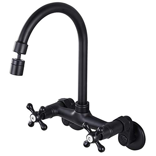Matte Black Wall Mount Kitchen Sink Faucet 6 Inch Center Mixer Tap 360 Degree Swivel Spout Double Cross Handle