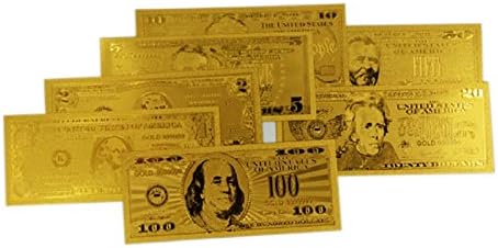 great Gold Bank Note Set of 7- 24kt Gold Foil $1, $2, $5, $10, $20, $50 and $100 for Collectors or Gifts.