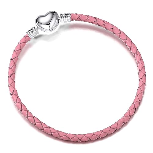 OutstandLong 3mm Pink Leather Charm Bracelet Heart Barrel Snap Clasp Handmade Braided Wristband for...