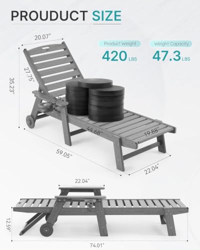 Image of Patio Chaise Lounge Chair Outdoor with Wheels, Oversize Patio Lounge Chairs with Wood Texture, HDPE 6-Position Plastic Lounge Chairs for Poolside, Patio, Deck, Beach,Grey