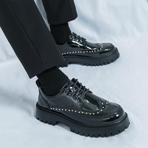 Men's Patent Leather Platform Wingtip Oxford Shoes with Rivets Round Toe Lace Up Lug Sole Brogue Dress Shoes Comfortable Business Work Causal Derby Oxfords4