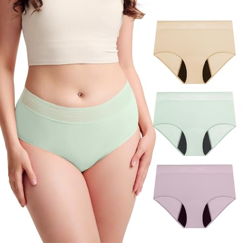 BATTEWA Incontinence Underwear for Women Hi-Waist Leakproof Underwear Postpartum Protective Washable Cotton Full Coverage Absorbency (3Color,Medium,3-Pack)