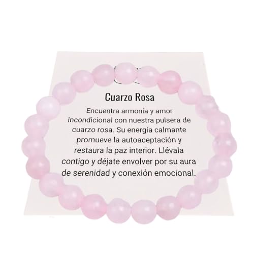 Infinitliving. Armband mit Naturstein, Rosenquarz, 8 mm, elastisches Band, Muttertagsgeschenk, perfekt für Frau, Freundin, Tochter. Finden Sie Harmonie und bedingungslose Liebe. Karte auf Spanisch.,
