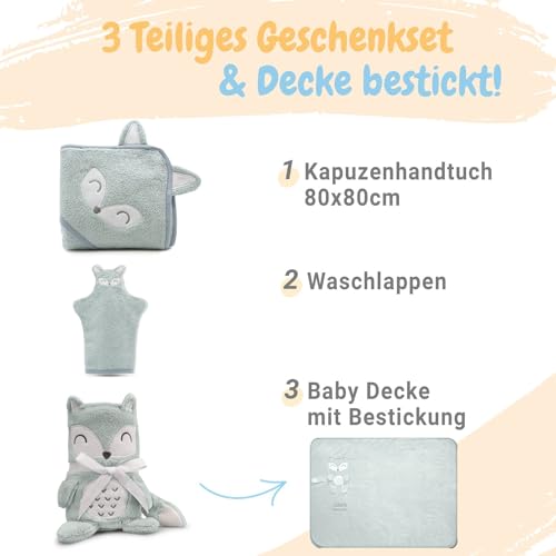 Personalisiertes 3-teiliges Baby-Kuschelset - Babydecke mit Namen, Kapuzenhandtuch, Baby Waschlappen - Personalisierte Geschenke zur Geburt.