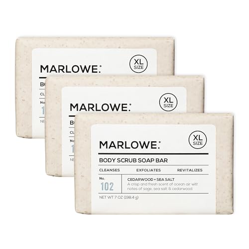 Image of MARLOWE. Body Scrub Soap, Exfoliating Soap Bar, Cedarwood, 7 oz (3 Bars) | Scrub Soap Bar that deeply cleanses and exfoliates while buffing away rough, dry skin. Cedarwood + Sea Salt scent.