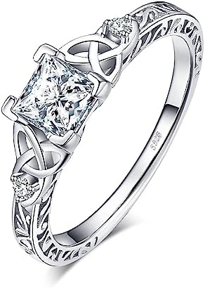 JewelryPalace Vintage Engagement Rings for Women, 14K Gold Plated 925 Sterling Silver Cubic Zirconia Promise Rings for Her, Anniversary Celtic Knot Princess Cut Solitaire Simulated Diamond Ring