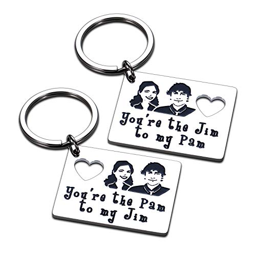 Jim and Pam Keychain Set 2Pcs The Office TV Show Inspired Couple Gifts for Boyfriend Girlfriend Birthday Anniversary Gif for Him Her Wife Husband Wedding Proposal Engagement Valentines Day Gifts
