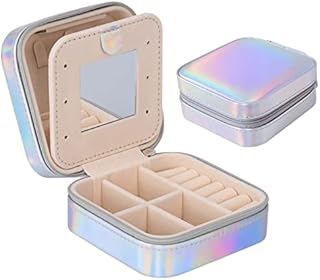 Darbermu Mini Portable Jewelry Box Organiser, Travel Jewellery Case, Leather Double Layer Jewelry Box with Mirror, Rings Earrings Necklace Jewelry Gift Box Girls Women (Bright Color)
