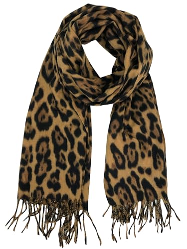 Walniverse Leopardenmuster Schal Damen XXL 200x70 cm, Modischer Leo Print Winterschal für Frauen, Weiches Tuch aus 100% Viskose für Herbst, Winter & Frühling (Kamel)
