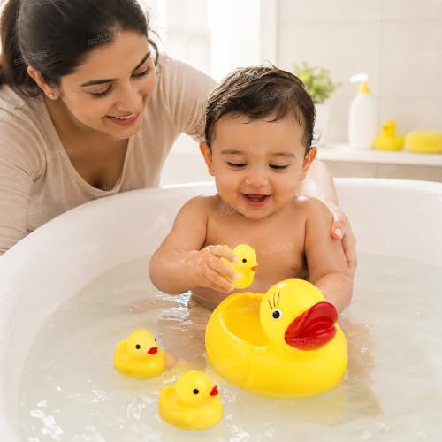 Image of Zest 4 Toyz Chu Chu Duck Bath Toy Set Duck Toy for Kids Floating Rubber Duck Family Safe & Fun Water Play Baby Toys for Kids Babies & Toddlers (Pack of 4) Yellow