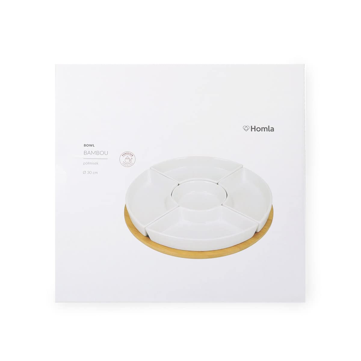 HOMLA Fincan Moderne Servierplatte Rund 6-teilig - Auffallendes Design Teller für Partys Feiern Snacks Häppchen - Porzellan und Bambusholz Ø 30 cm Weiß