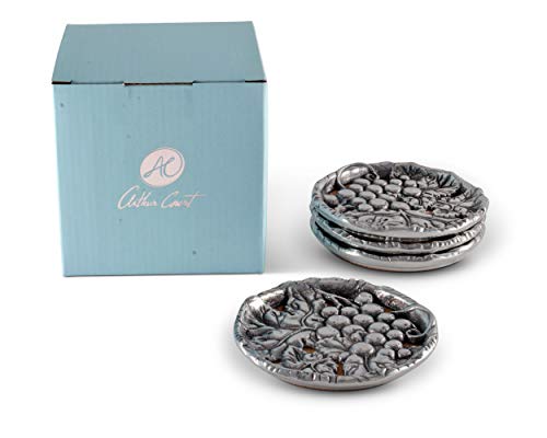Arthur Court Aluminum Grape Wine Drink Coasters For Home Counters, Kitchen, Dining , Living Room, Patio, Coffee Table, Metal Holder Cork Padding Set Of 4 Stackable 4 Inch Diameter #TOP3