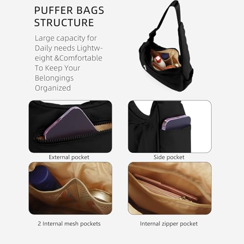 Small Puffer Bag, Crescent Shoulder Bag for Women,Nylon Quilted Tote Handbags with Adjustable Strap4