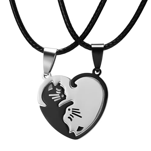 Collier BFF argent sterling puzzle cœur chat noir cadeau Halloween idéal