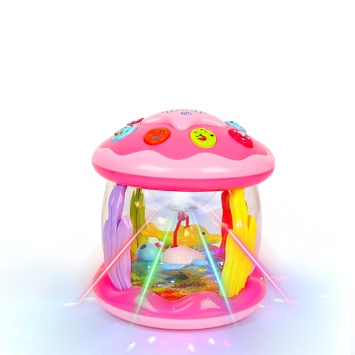 Image of M SANMERSEN Baby Girl Toys 6-12 Months - Babies Ocean Rotating Projector Light Up Musical Toys for 12-18 Months Crawling Learning Tummy Time 1 2 Years Old Infant Boys Girls Gifts - Pink