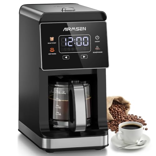 AIRMSEN Grind & Brew Coffee Maker with Built-in Grinder, Programmable Single Serve Coffee Maker - 5 Cup-800ML, 3 Grind Settings, Auto Keep Warm & Glass Carafe for Small Home and Office