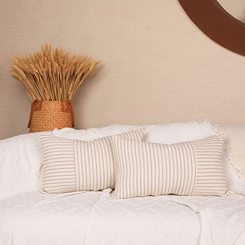 Boysum Khaki And Beige Throw Pillow Covers, 12X20 Farmhouse Pillow Covers Striped Throw Pillow Cover Decor Indoor/Outdoor Pillow Accent Case Set Of 2 (Khaki) #TOP1