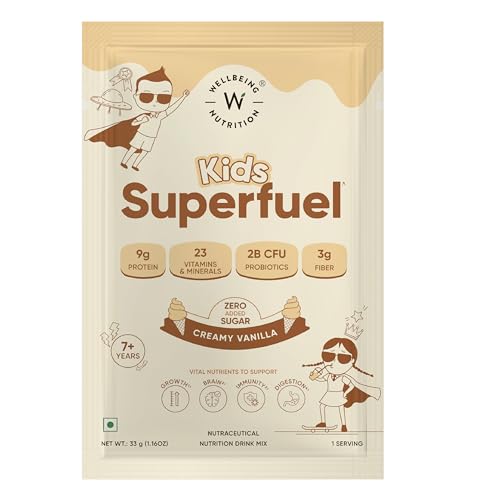 Image of Wellbeing Nutrition Kids Superfuel 7+years |Zero Added Sugar |9g Milk Protein Isolate, 23 Vitamins & Minerals, 100mg DHA, 3g Fiber, Probiotics |Height Growth, Immunity & Brain| Chocolate, Nutrition Drink Powder, 33g (33 grams, Creamy Vanilla)
