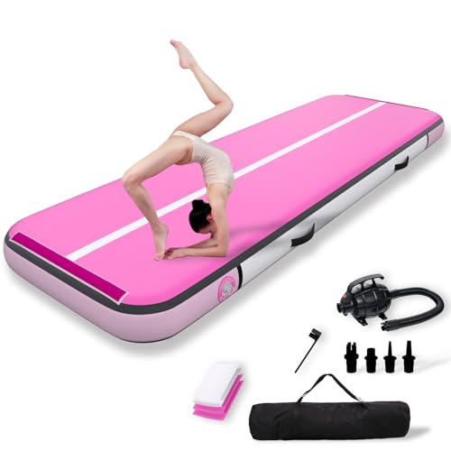 Inflatable Gymnastics Mat Tumble Track (8 Inches Thick) - 10ft Air Floor Training Mats for Home Use Cheerleading Water Fun & Camping - Includes 500W Electric Pump & Carbon Pattern Design Pink