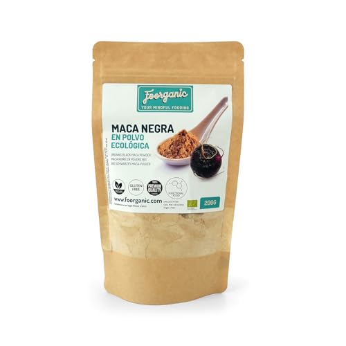 FOORGANIC Maca Negra en Polvo Ecológica Foorganic 200g Superalimento Natural Sin Aditivos | Originaria de Perú | Vegano Energía y Rendimiento Físico