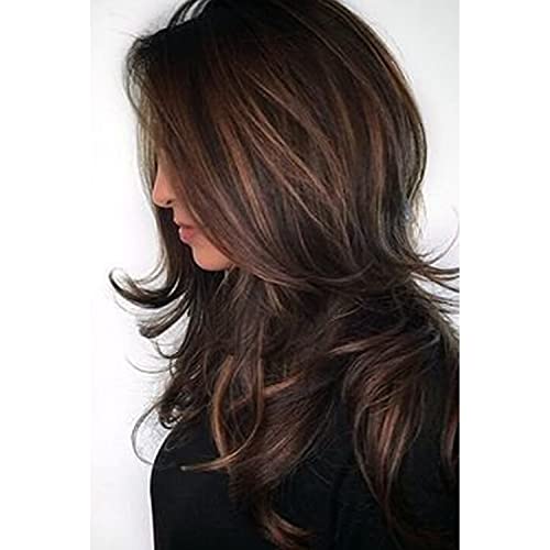 Image of Women's Full Head Wig - Shoulder Length Camel Highlight Brown Layered Synthetic Hair Extension for Women and Girls