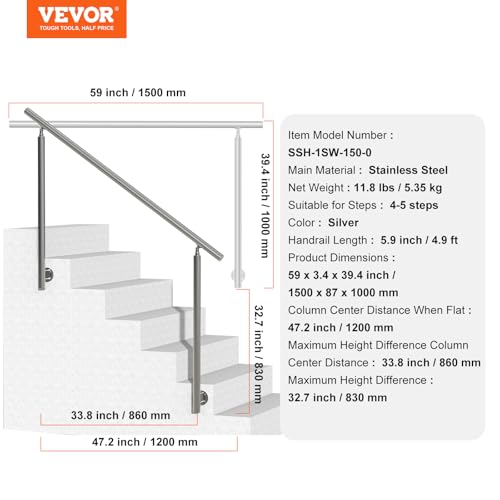 VEVOR Handläufe für Außentreppen, 150 cm langes Treppengeländer-Set, Übergangsgeländer aus Edelstahl mit Montagesatz, doppelsäulige Treppenhandläufe für Senioren, Veranda und Terrasse