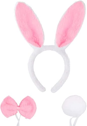 MOFEINI Juego de 3 piezas de disfraz de conejo de conejo, diadema de orejas de conejo, kit de cola de moño para Halloween, fiesta de disfraces,