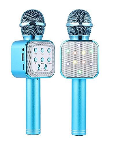 Micrófono Bluetooth Karaoke, micrófono inalámbrico portátil Karaoke con luces LED y altavoz para niños Sing Music Match, compatible con PC Android/iOS, AUX o teléfono inteligente (Blue)