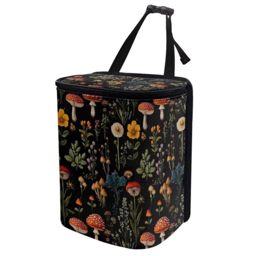 Image of Mushroom Floral Print Car Trash Can with Lid Organizer Multipurpose Trash Bin Decoration for Women Universal for Cars,Sedans, SUVs & Trucks