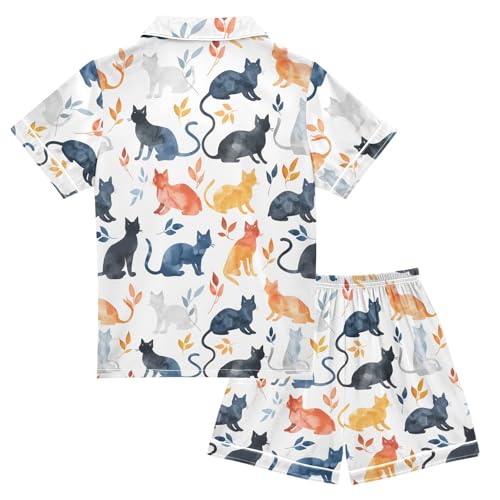 ALAZA Cat Kitten Watercolor Satin Pajamas Set Short Sleeve Button Down Sleepwear Summer Pjs 2 Piece2