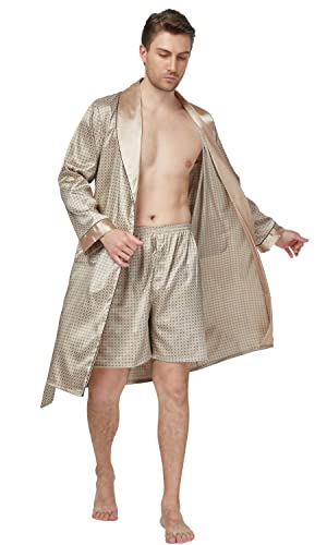 Image of TONY AND CANDICE Men's Satin Robe Lightweight Long Sleeve Silk Kimono Bathrobe with Shorts Set Sleepwear