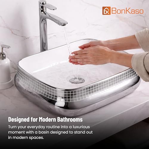 Image of BONKASO Polished Designer Ceramic Table Top Wash Basin (44 x 35 x 12.5 cm) | Silver Countertop Bathroom Sink | Modern Luxury Vanity Wash Basin | Tango-1004