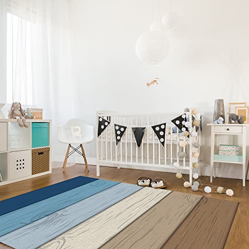 Farmhouse Area Rug For Bedroom Living Room- Blue Brown Gradient Retro Wood Grain Contemporary Floor Carpet Comfy Runner Rug Nursery Playmats Home Decor Mat, #TOP2