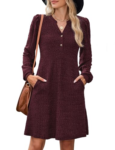 ZAFUL Womens Long Sleeve Fall Dresses with Pockets V Neck Button Casual Bodydoll Knit Sweater Dress...