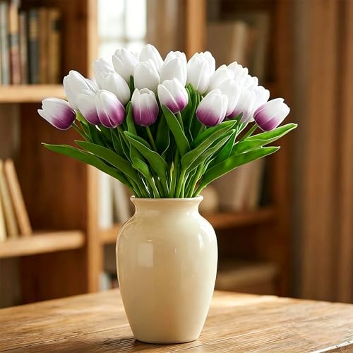 Image of 20Pcs Stems 13.5 Inch White Purple PU Artificial Moisturizing Tulips, Faux White Purple Tulips Flowers for Thanksgiving Christmas Decorations Wedding Home Table Vase Floral Arrangements