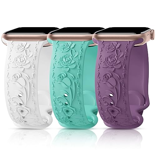 3 Packs Floral Engraved Bands Compatible with Apple Watch Band 40mm 41mm 38mm 42mm 44mm 45mm 49mm for Women, Soft Silicone Cute Embossed Rose Apple Watch Band for iWatch Series 12/11/10/9/8/7/SE,42PBT