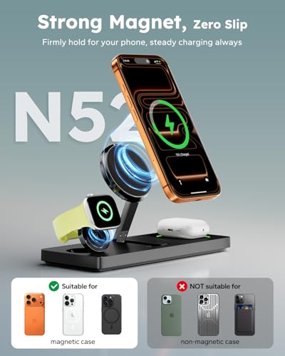Foldable 3 in 1 Charging Station for Magsafe, Magnetic Phone and Watch Charger Stand for Apple Devices, Wireless Desk Charger Dock for iPhone 17 16 15 14 13 12 Series, Apple Watch and Airpods — view 2