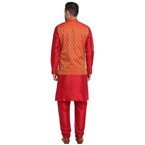 Image of KRAFT INDIA Mens Gold Silk Blend Kurta and Churidar Set With Jacquard Paisley Nehru Jacket