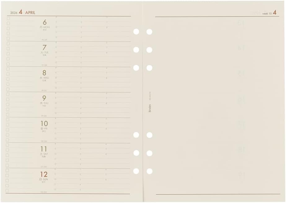 Noritsu Bindex Personal Organizer Refill, 6 Holes, 2026, A5, Weekly, Zone Type, Checklist Included, A5-013 (Starts from January 2026)