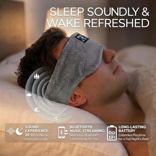 Image of Sleepals Bluetooth Sleep Mask with 24 Built-in White Noise Sounds, Ultra-Slim Headphones for Side Sleepers, 100% Light Blockout 3D Eye Mask, Washable Fleece Sleep Headphones (Gray)