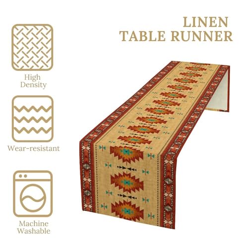 Image of Southwestern Aztec Table Runner, Vibrant Colorful Geometric Tribal Pattern Faux Linen, Bright Boho Dining Decor for Kitchen Table 13x36 Inch