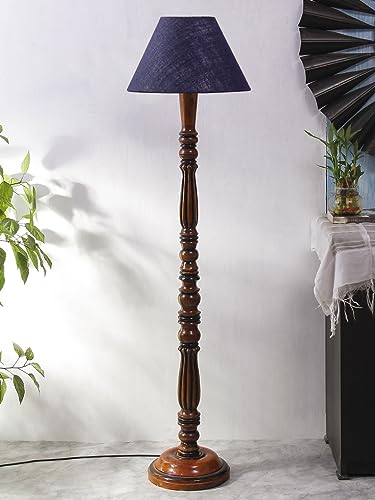 Image of Blue Jute Shade Wooden Floor Lamp with Wooden Base, Height - 53 Inches | Contemporary Standing Lamp for Living Room, Bedroom & Office | Elegant Lighting for Stylish Home Interiors