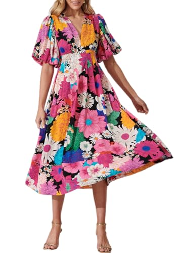 Image of Maxigerui Women's Summer Floral Maxi Dress Spring Wedding Guest Dress 2026 Rose Red Multi Floral L