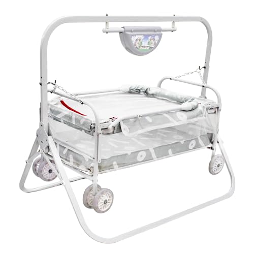 Image of BABYBLESSING Baby Cradle with Swing and Mosquito Net | with 4 Wheels | Foldable & Movable | Sturdy and Safe | Durable | Jhulla | Palna | Easy to use | White-Grey