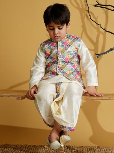Image of AJ DEZINES Kids Silk Blend Full Sleeve Embroidered Dhoti Kurta Set for Boys - Ethnic wear | Traditional & Festival Wear|Waistcoat for boys - Regular Fit