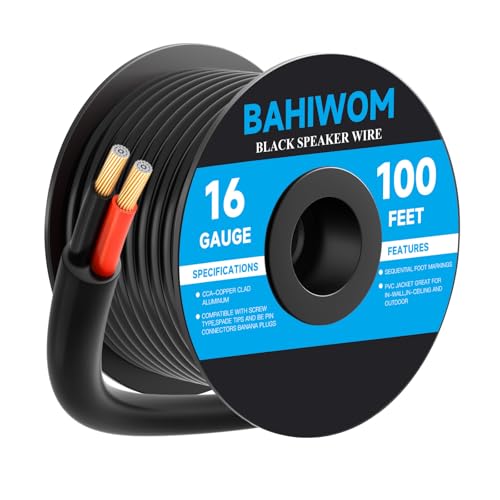 BAHIWOM 16 Gauge Speaker Wire 100 Feet CL3 Related CCA Black Cable with 2 Conductors for Outdoor...