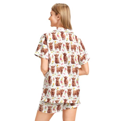 Image of Funny Pajamas for Women Set Print Satin Loungewear Pjs Short Sleeve Button Down Top and Shorts Sets Sleepwear XS-3XL