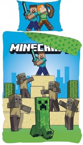 Parure de Lit Minecraft Housse de Couette MinecraftRéversible avec Taie d'oreiller, 2 Pièces (140x200 cm + 65x65 cm), 1 Personne (Parure Minecraft)
